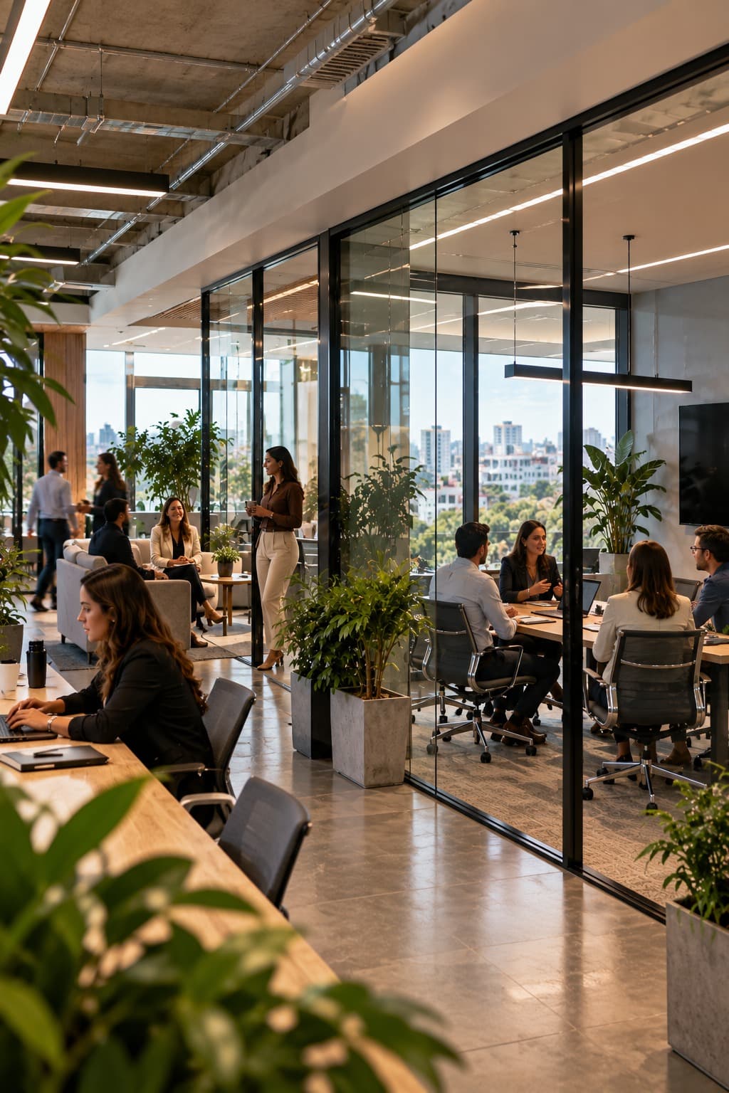 Ambiente corporativo moderno e iluminado, com pessoas trabalhando e conversando entre plantas