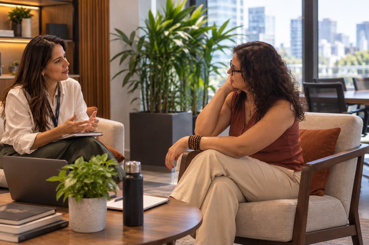 Duas profissionais em conversa em um ambiente corporativo