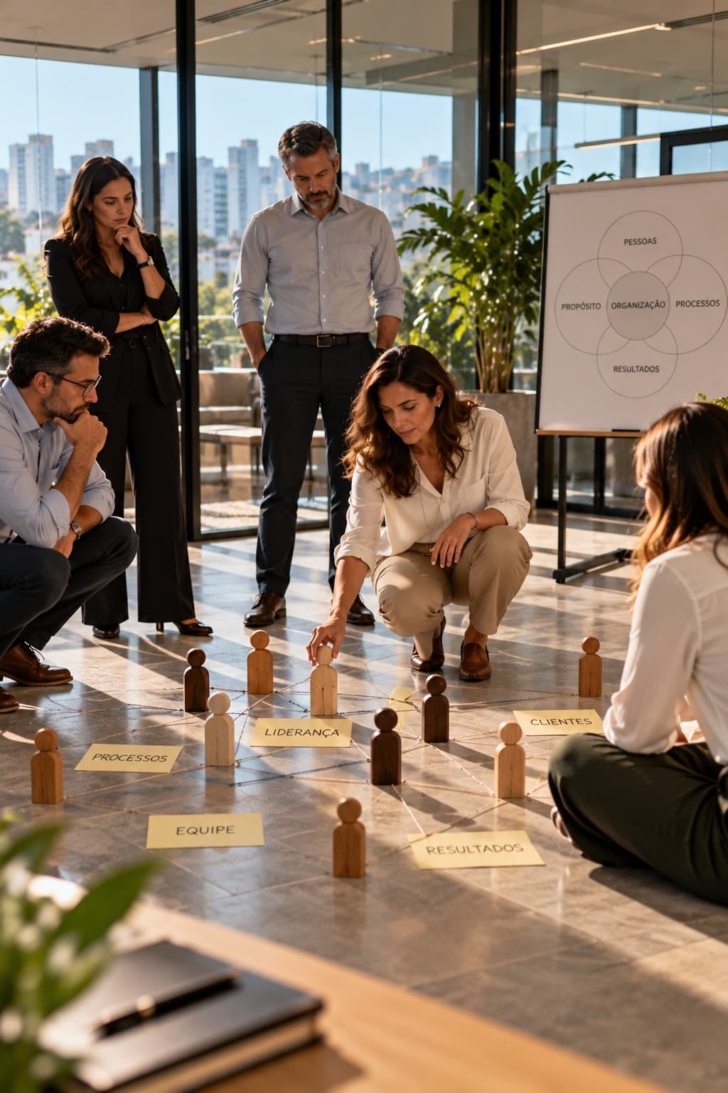 Grupo de profissionais em uma constelação organizacional, posicionando figuras de madeira com as palavras liderança, processos, equipe, clientes e resultados