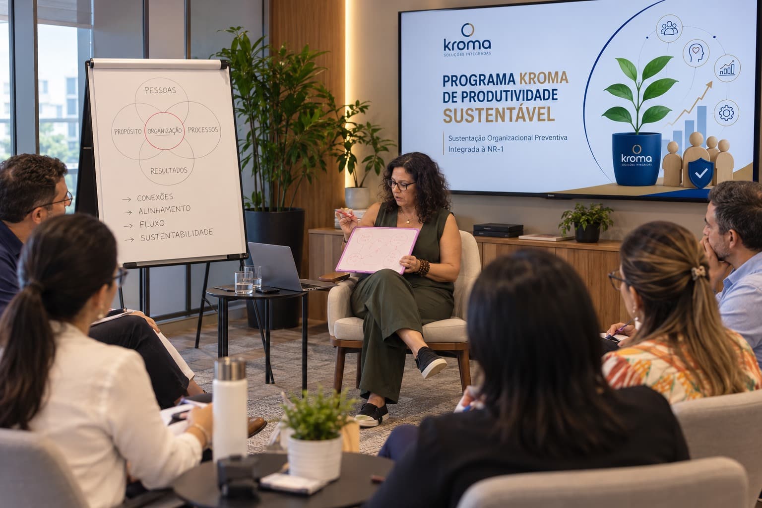 Lara Martins apresentando o Programa Kroma de Produtividade Sustentável a um grupo, com quadro e telão ao fundo